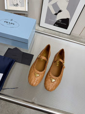 PRADA 26S MARY JANE FLATS IN TAN BROWN WOVEN CALFSKIN
