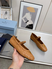PRADA 26S MARY JANE FLATS IN TAN BROWN WOVEN CALFSKIN