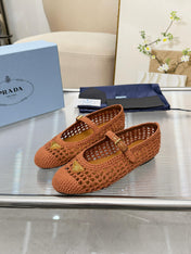 PRADA 26S MARY JANE FLATS IN CARAMEL BROWN WOVEN RAFFIA WITH TRIANGLE LOGO