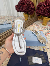 PRADA 26S THONG SANDALS IN SILVER CALFSKIN TRIANGLE LOGO