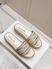 DWAY WEDGE SLIDES 45MM IN WARM GREIGE FABRIC RAFFIA SOLE