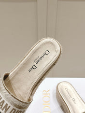DWAY WEDGE SLIDES 45MM IN WARM GREIGE FABRIC RAFFIA SOLE