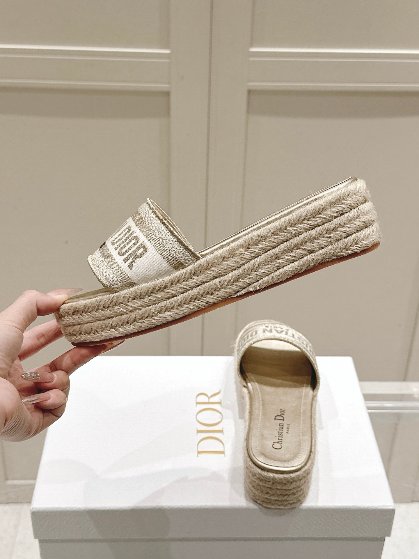 DWAY WEDGE SLIDES 45MM IN WARM GREIGE FABRIC RAFFIA SOLE