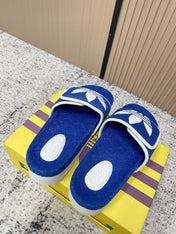 GUCCI 26S PLATFORM SLIDE SANDALS IN DARK BLUE FABRIC