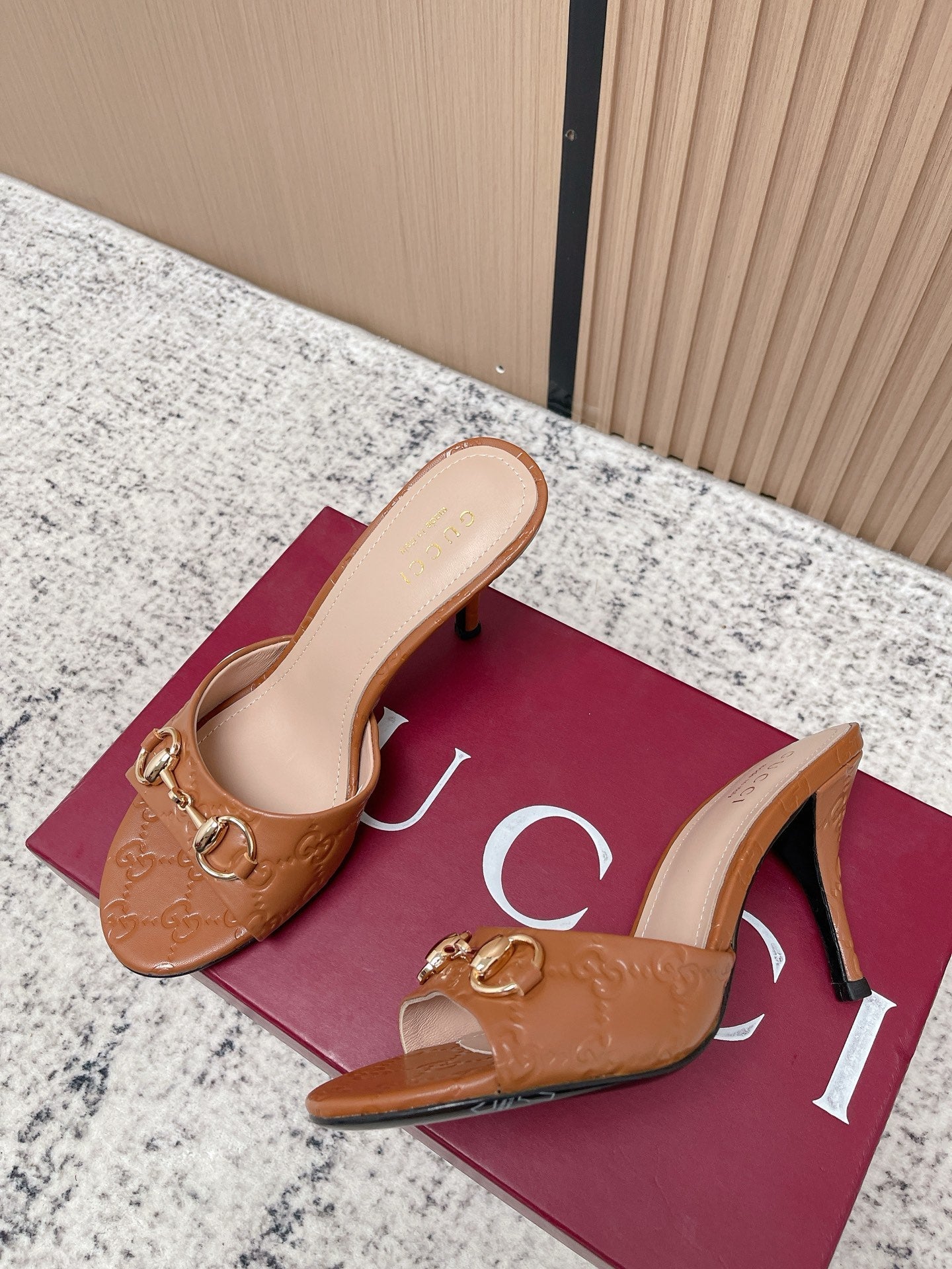 GUCCI 26S HIGH-HEEL SANDALS 85 MM IN LIGHT BROWN CALFSKIN