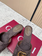 GUCCI 26S HIGH HEELS IN DARK BROWN CANVAS WITH GOLD HARDWARE