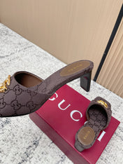 GUCCI 26S HIGH HEELS IN DARK BROWN CANVAS WITH GOLD HARDWARE