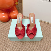 AQUAZZURA 26S HEELED MULES 80 MM IN RED WOVEN RAFFIA