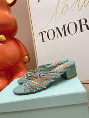 AQUAZZURA 26S CRYSTAL STRAP SANDALS 45 MM IN MINT GREEN FABRIC