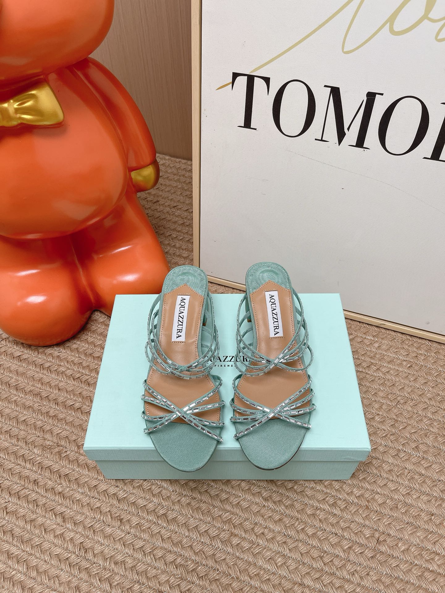 AQUAZZURA 26S CRYSTAL STRAP SANDALS 45 MM IN MINT GREEN FABRIC