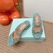AQUAZZURA 26S CRYSTAL STRAP SANDALS 45 MM IN MINT GREEN FABRIC
