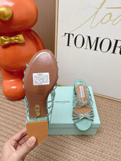 AQUAZZURA 26S CRYSTAL STRAP SANDALS 45 MM IN MINT GREEN FABRIC