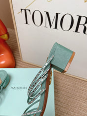 AQUAZZURA 26S CRYSTAL STRAP SANDALS 45 MM IN MINT GREEN FABRIC