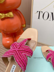 AQUAZZURA 26S STARFISH BEADED THONG SANDALS IN PINK AND BEIGE LAMBSKIN