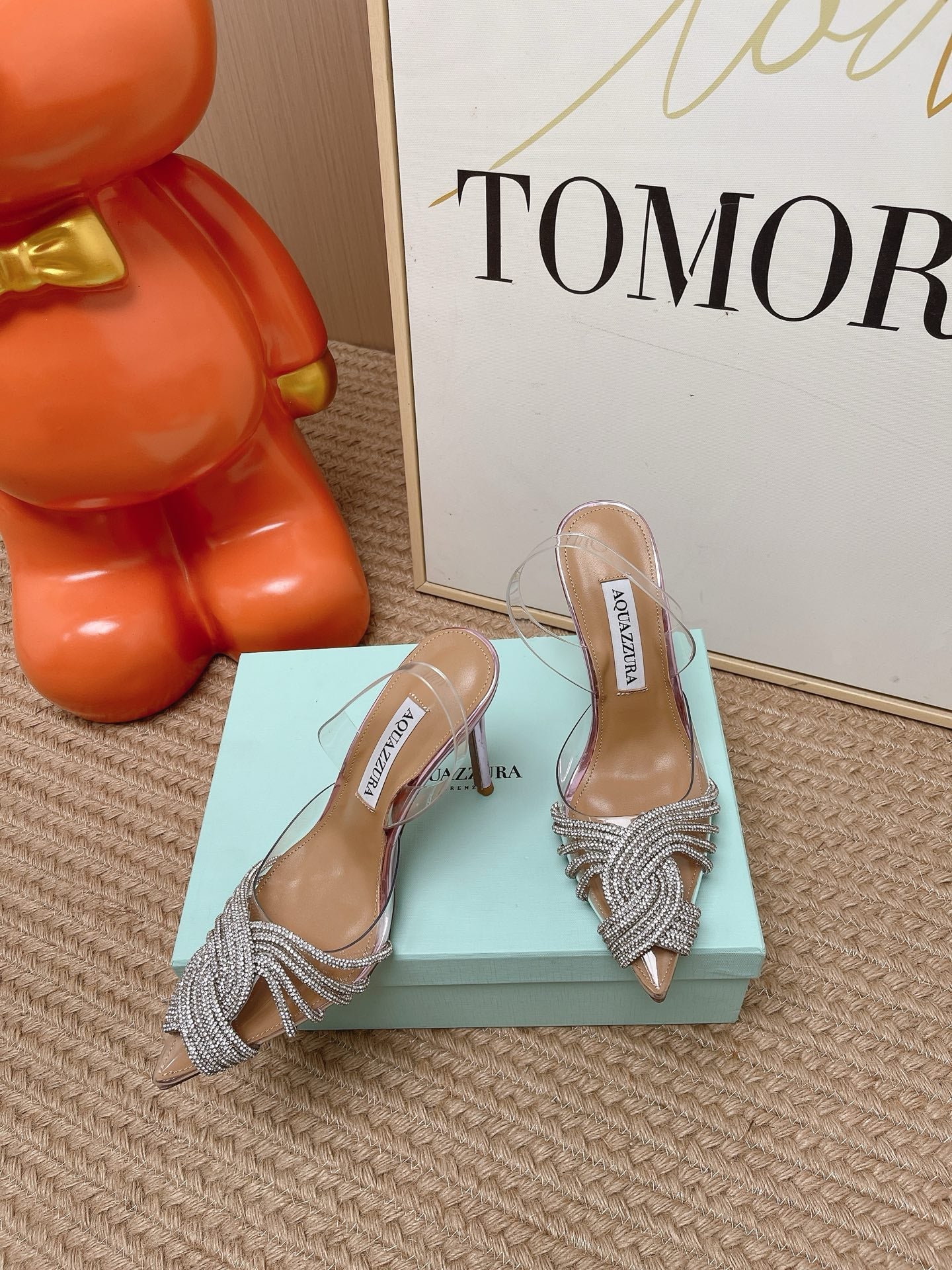 AQUAZZURA 26S SLINGBACK HEELS 105 MM IN METALLIC LEATHER AND CLEAR PVC CRYSTALS