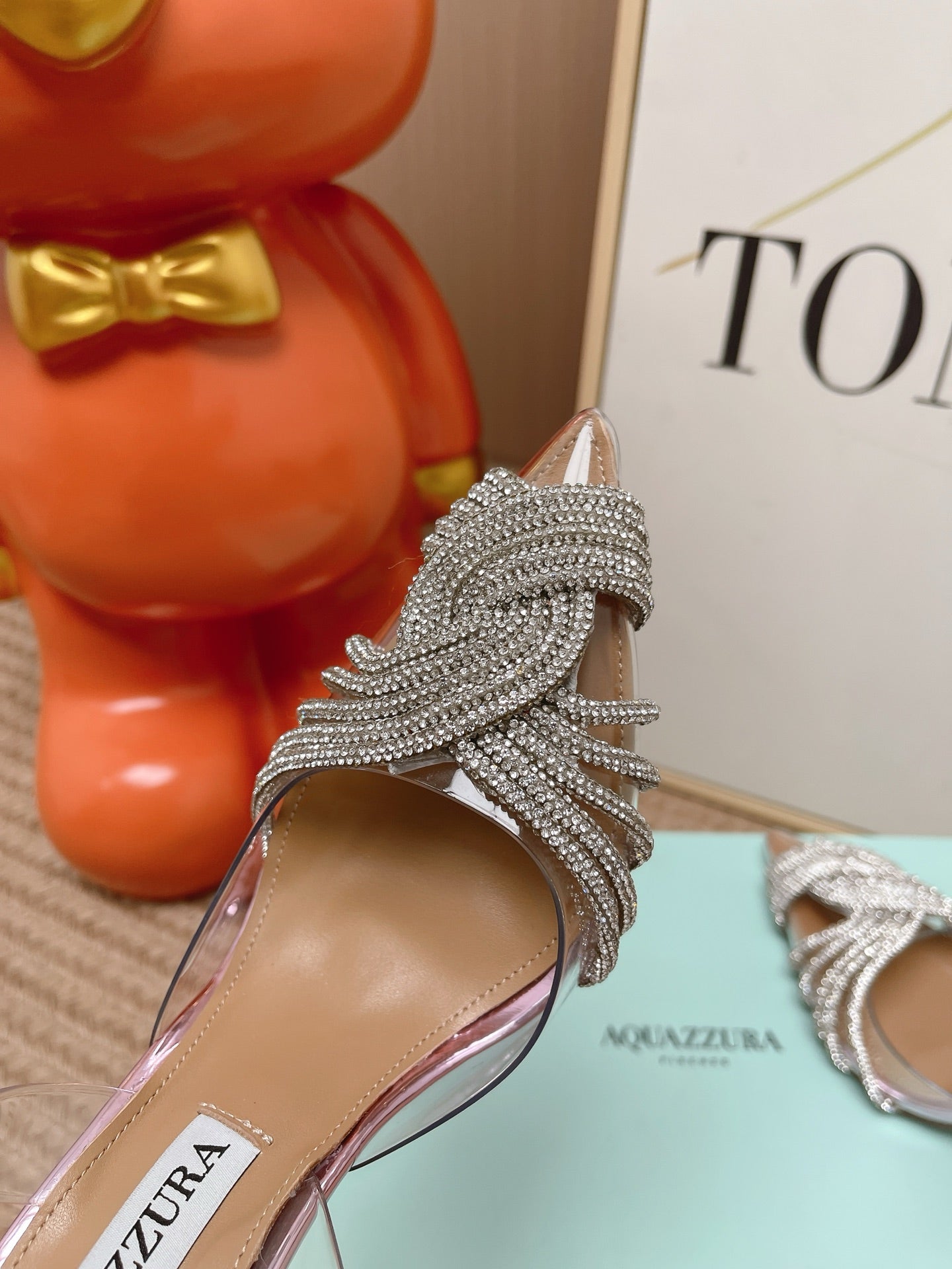 AQUAZZURA 26S SLINGBACK HEELS 105 MM IN METALLIC LEATHER AND CLEAR PVC CRYSTALS