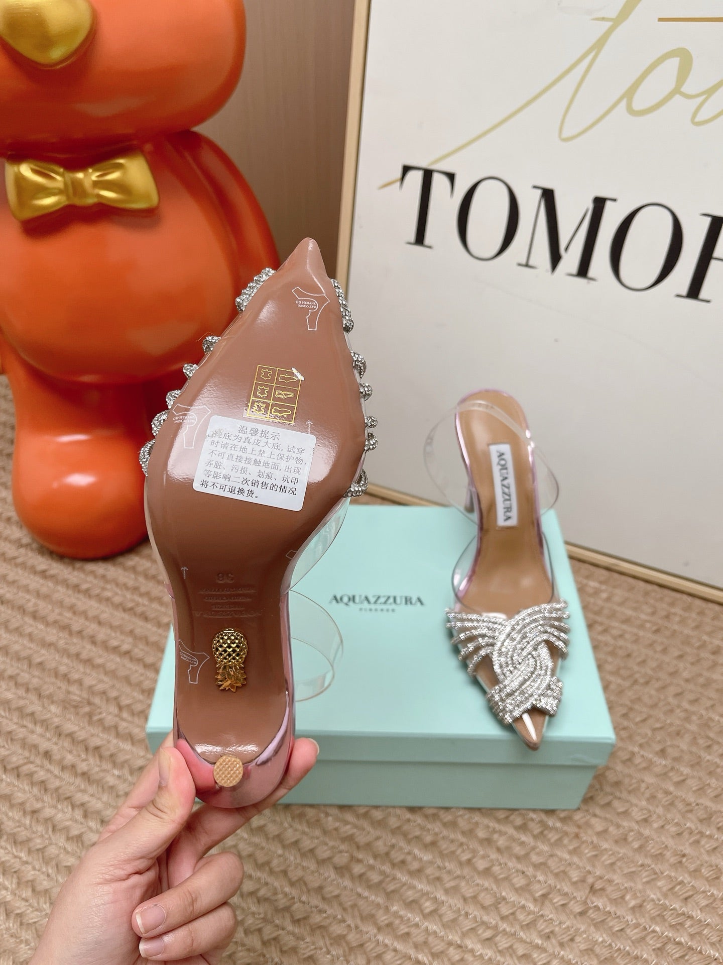 AQUAZZURA 26S SLINGBACK HEELS 105 MM IN METALLIC LEATHER AND CLEAR PVC CRYSTALS