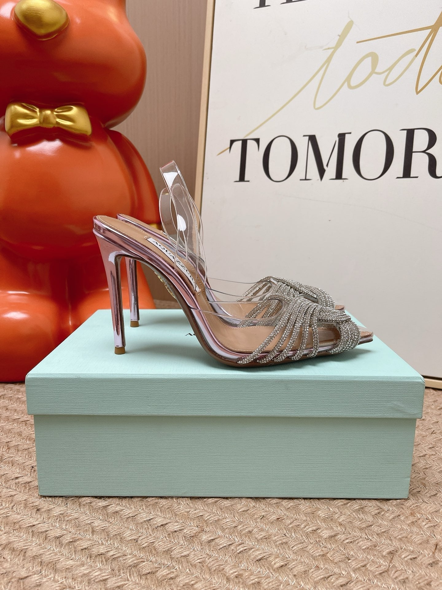 AQUAZZURA 26S SLINGBACK HEELS 105 MM IN METALLIC LEATHER AND CLEAR PVC CRYSTALS