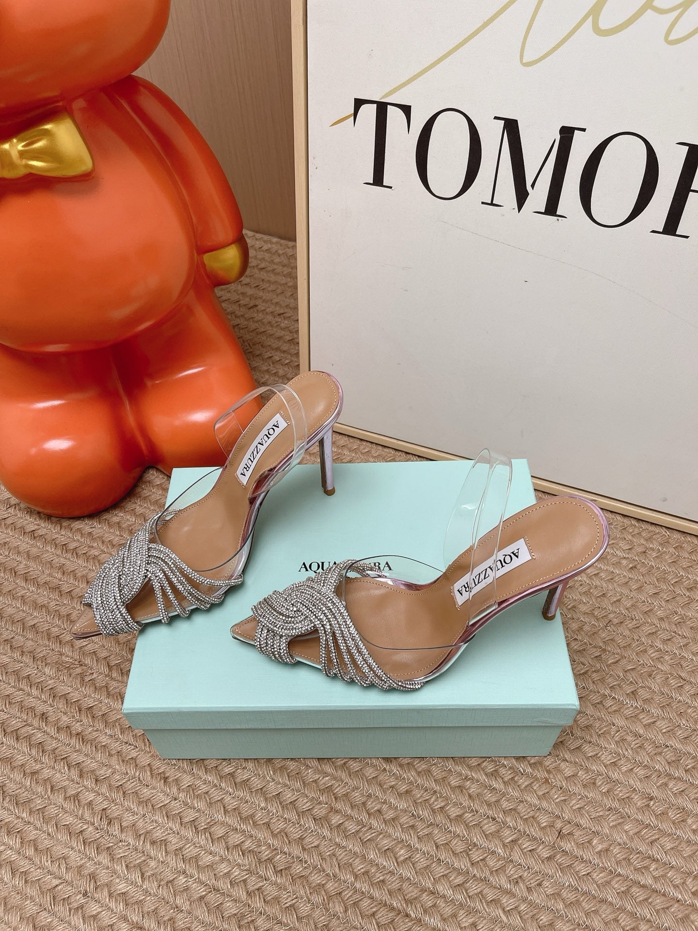 AQUAZZURA 26S SLINGBACK HEELS 105 MM IN METALLIC LEATHER AND CLEAR PVC CRYSTALS