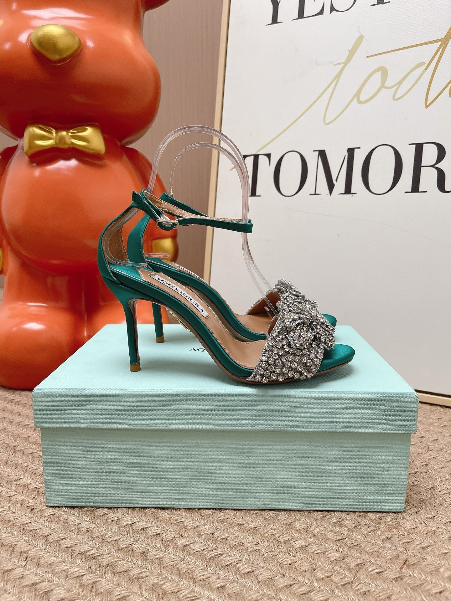 AQUAZZURA 26S HIGH-HEEL SANDALS 85 MM IN EMERALD GREEN SATIN & CRYSTALS