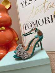 AQUAZZURA 26S HIGH-HEEL SANDALS 85 MM IN EMERALD GREEN SATIN & CRYSTALS