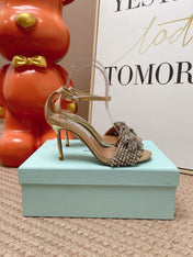 AQUAZZURA 26S HIGH-HEEL SANDALS 85 MM IN LIGHT GOLD LEATHER & CRYSTALS
