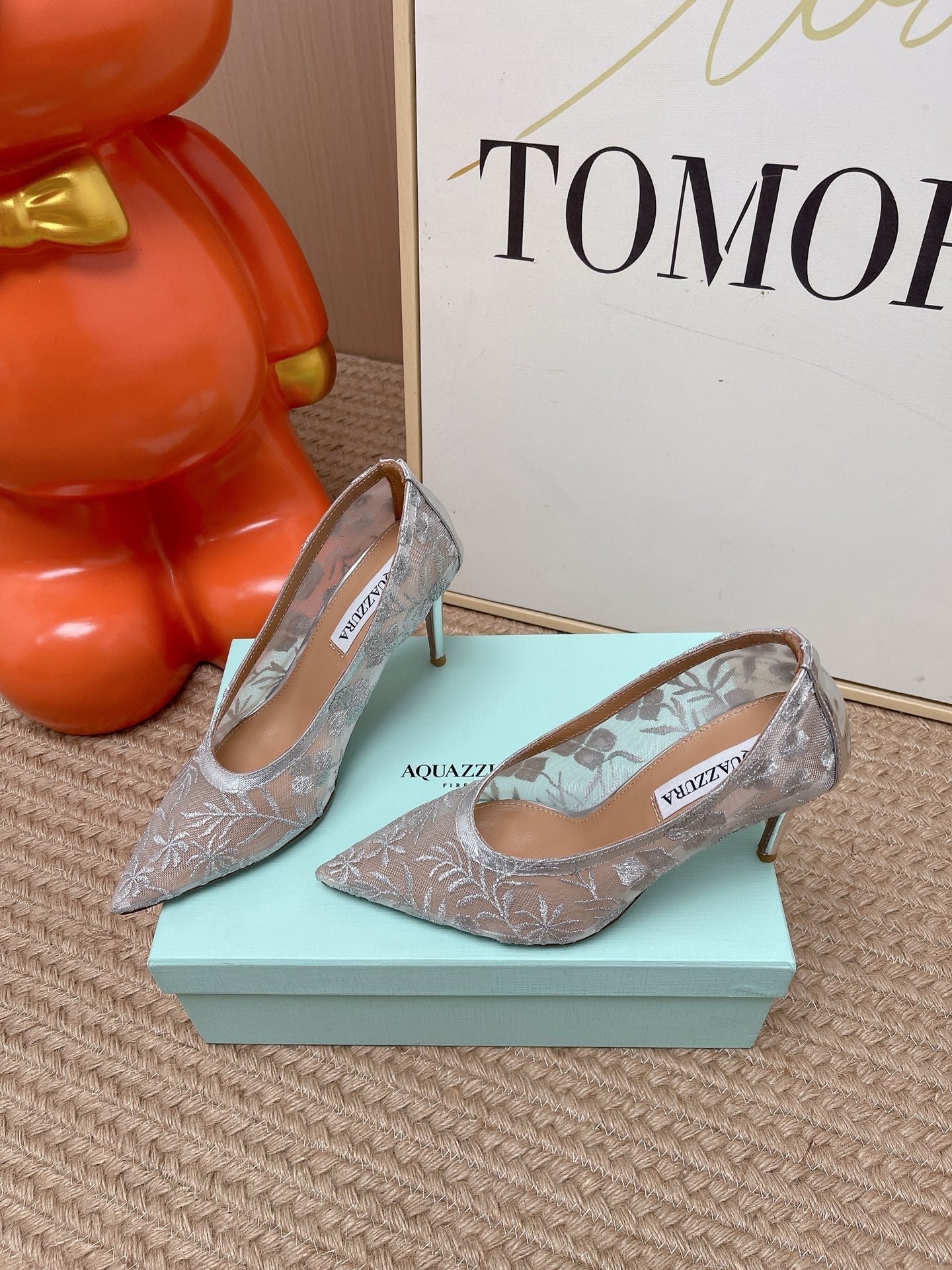 AQUAZZURA 26S HIGH HEELS IN GREY FLORAL EMBROIDERED MESH