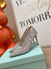 AQUAZZURA 26S HIGH HEELS IN GREY FLORAL EMBROIDERED MESH
