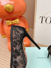 AQUAZZURA 26S HIGH HEELS IN BLACK FLORAL EMBROIDERED MESH