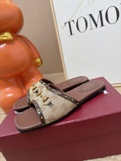 GUCCI 26S SLIDE SANDAL IN BEIGE CANVAS AND BROWN LEATHER