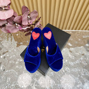 ALAIA PLATFORM WEDGE IN COBALT BLUE VELVET WITH HEART EMBROIDERED