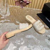 PLATFORM SLIPPERS IN LIGHT GREY TWEED AND LAMBSKIN