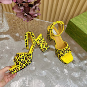HORSEBIT HIGH-HEEL SANDAL WITH LEOPARD PRINT IN BRIGHT YELLOW VELVET AND CALFSKIN LINING