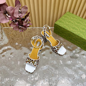 HORSEBIT HIGH-HEEL SANDAL WITH LEOPARD PRINT IN WHITE VELVET AND CALFSKIN LINING
