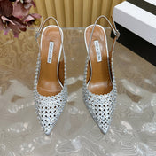AQUAZZURA 26S SLINGBACK PUMPS 85 MM IN SILVER CALFSKIN WITH CRYSTAL