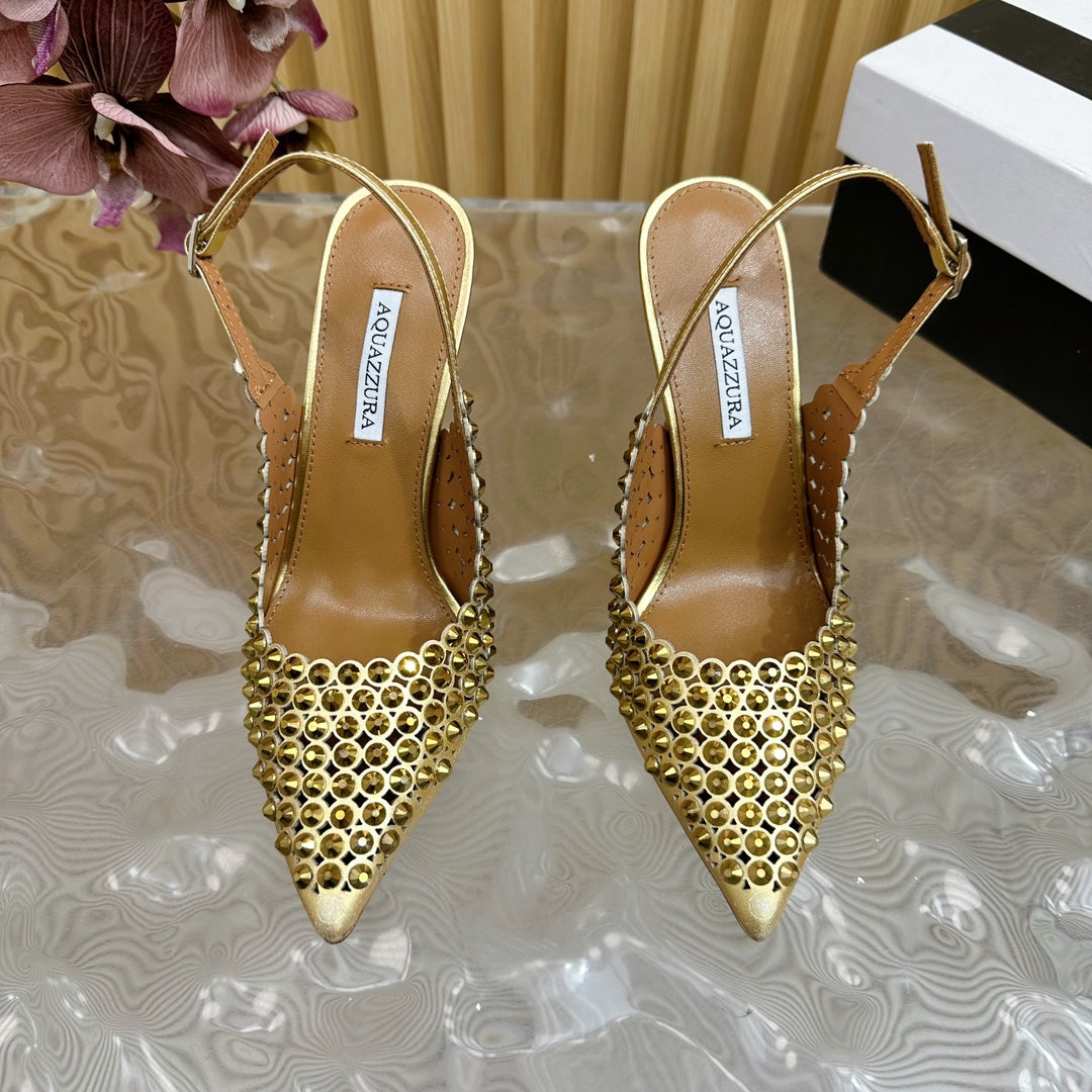 AQUAZZURA 26S SLINGBACK PUMPS 85 MM IN GOLD CALFSKIN WITH CRYSTAL
