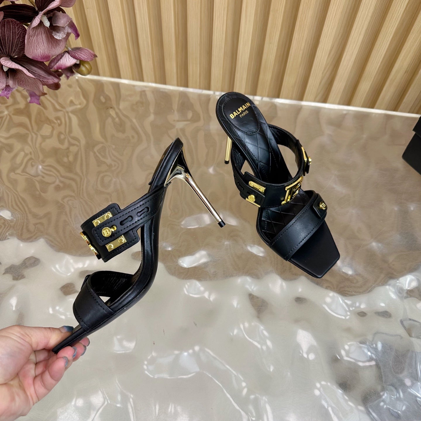BALMAIN 25S MULES IN STRIPED LEATHER 95MM IN BLACK CALFSKIN GOLD HARDWARE