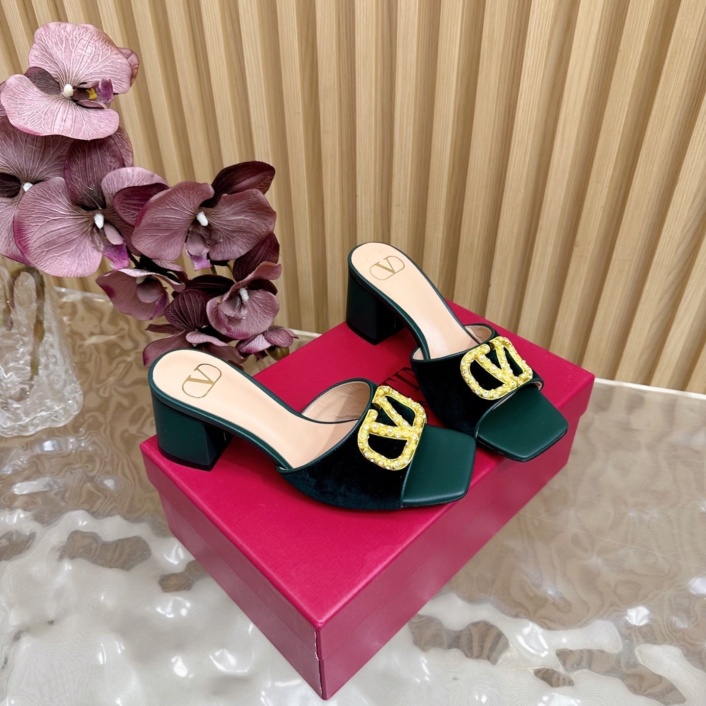 VALENTINO 25S HIGH-HEEL MULES 60 MM IN DARK GREEN VELVET AND CALFSKIN WITH GOLD HARDWARE