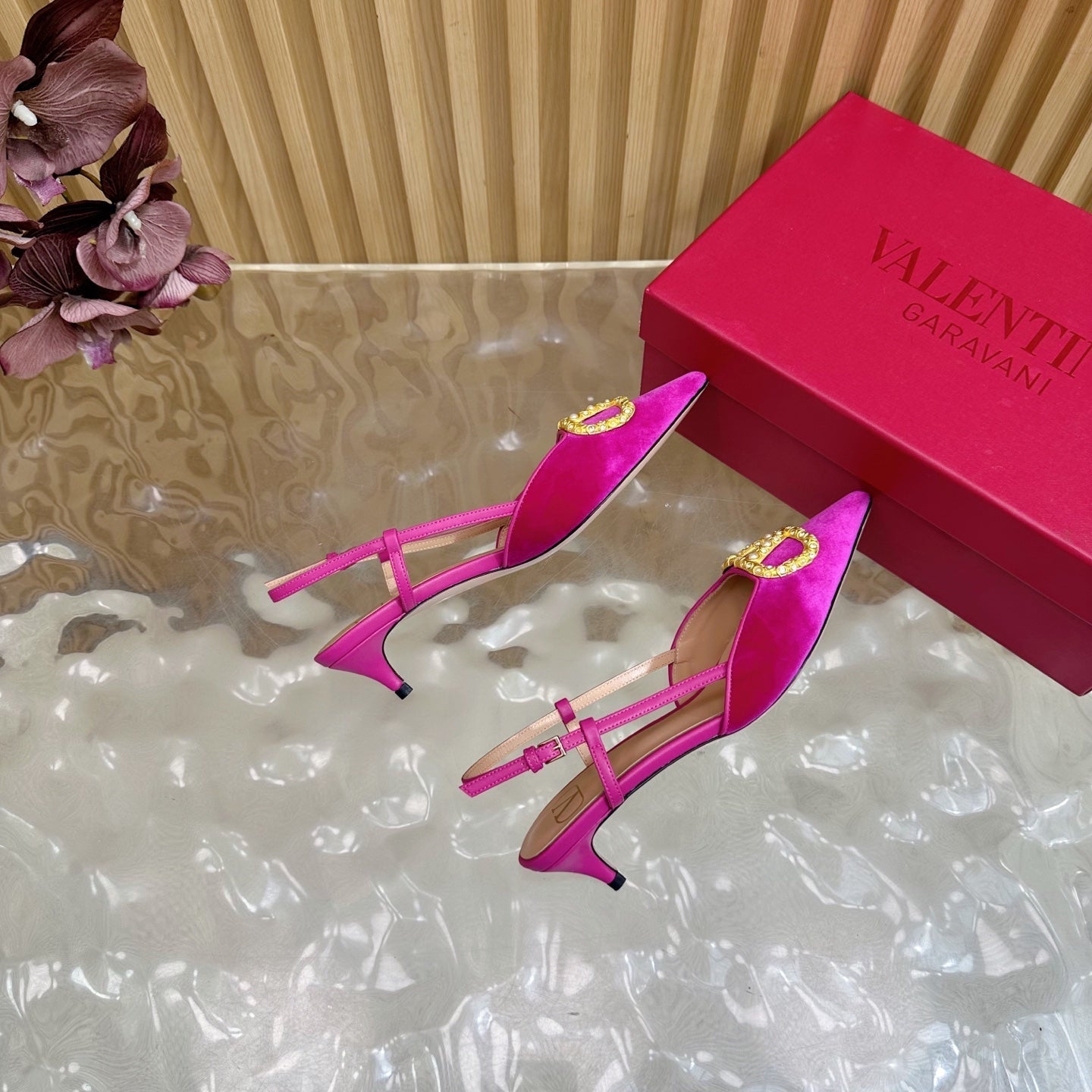 VALENTINO 25S HIGH-HEEL SLINGBACKS IN DARK PINK VELVET WITH GOLD HARDWARE