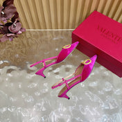 VALENTINO 25S HIGH-HEEL SLINGBACKS IN DARK PINK VELVET WITH GOLD HARDWARE