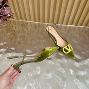 VALENTINO 25S HIGH-HEEL SLINGBACKS IN MOSS GREEN VELVET WITH GOLD HARDWARE