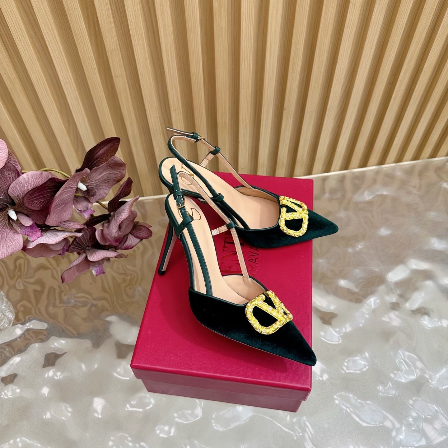 VALENTINO 25S HIGH-HEEL SLINGBACKS IN DARK GREEN VELVET WITH GOLD HARDWARE