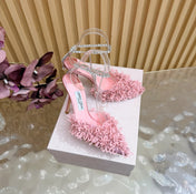 JIMMY CHOO 26S HIGH HEELS 100 MM IN PINK FABRIC AND LAMBSKIN CRYSTAL STRAPS