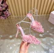 JIMMY CHOO 26S HIGH HEELS 100 MM IN PINK FABRIC AND LAMBSKIN CRYSTAL STRAPS