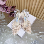 JIMMY CHOO 26S HIGH HEELS 100 MM IN NUDE PINK FABRIC AND LAMBSKIN CRYSTAL STRAPS