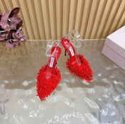 JIMMY CHOO 26S HIGH HEELS 100 MM IN RED FABRIC AND LAMBSKIN CRYSTAL STRAPS