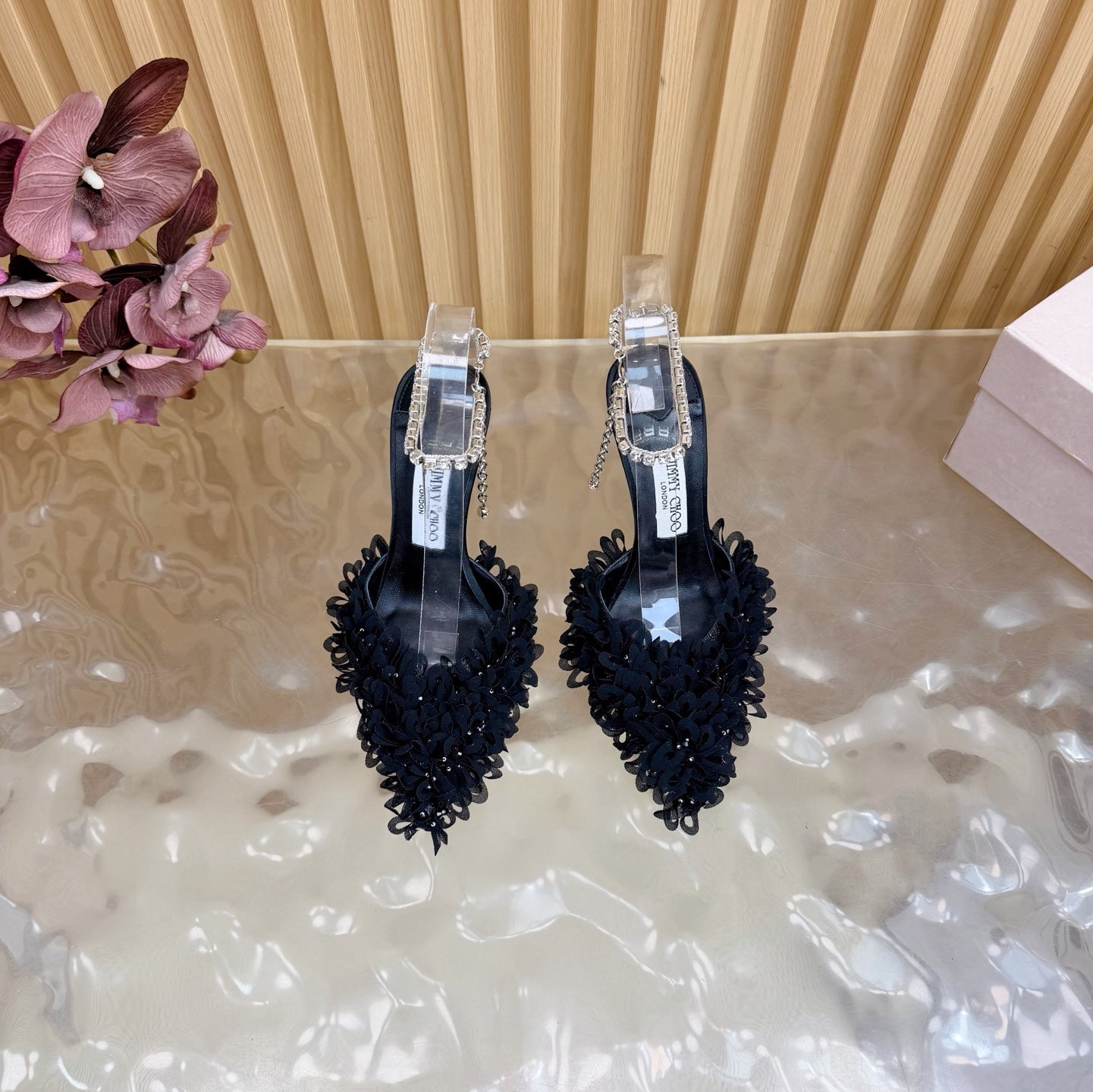 JIMMY CHOO 26S HIGH HEELS 100 MM IN BLACK FABRIC AND LAMBSKIN CRYSTAL STRAPS