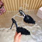 JIMMY CHOO 26S HIGH HEELS 100 MM IN BLACK FABRIC AND LAMBSKIN CRYSTAL STRAPS