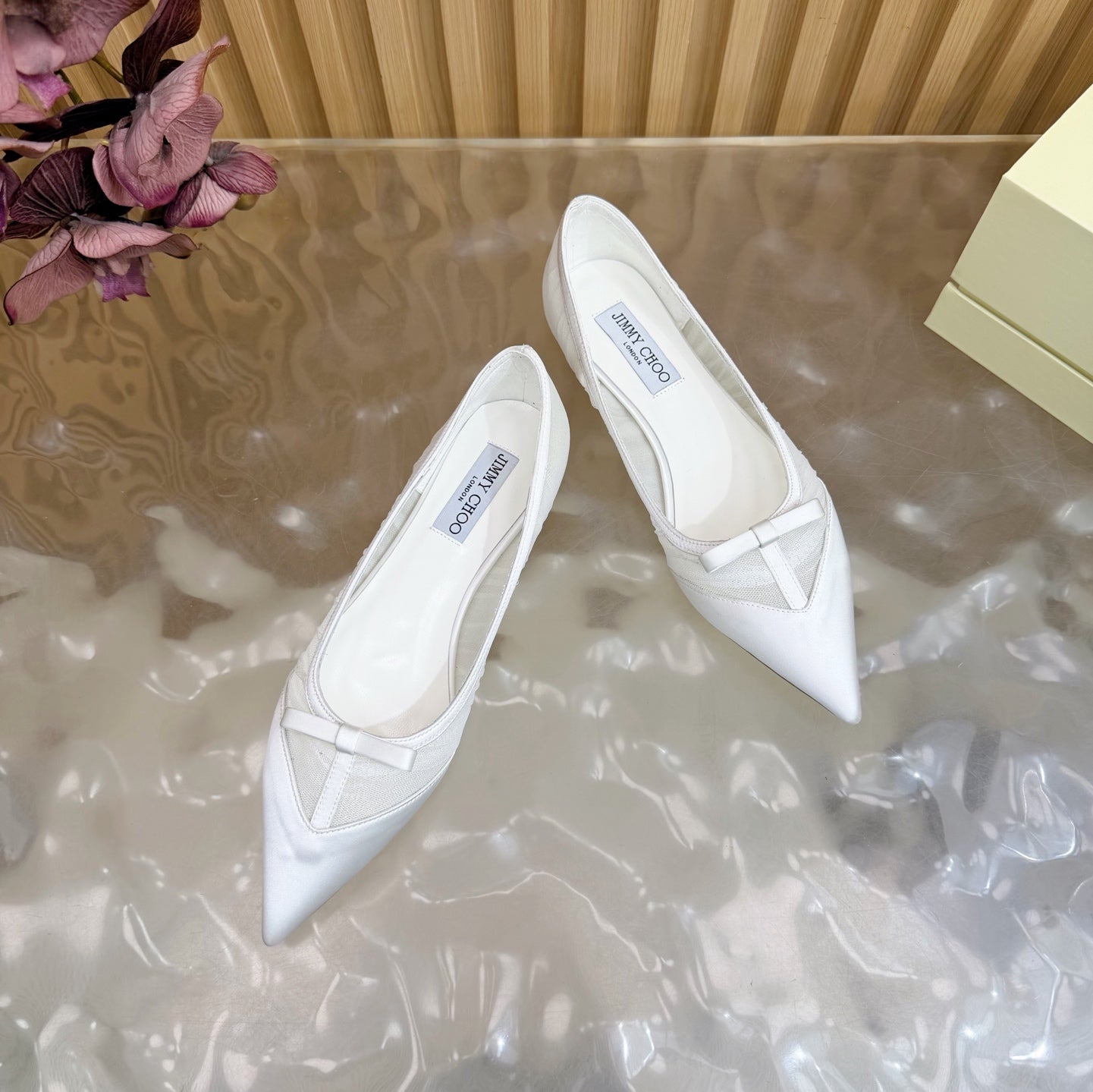 JIMMY CHOO 26S FLATS IN WHITE MESH AND SATIN