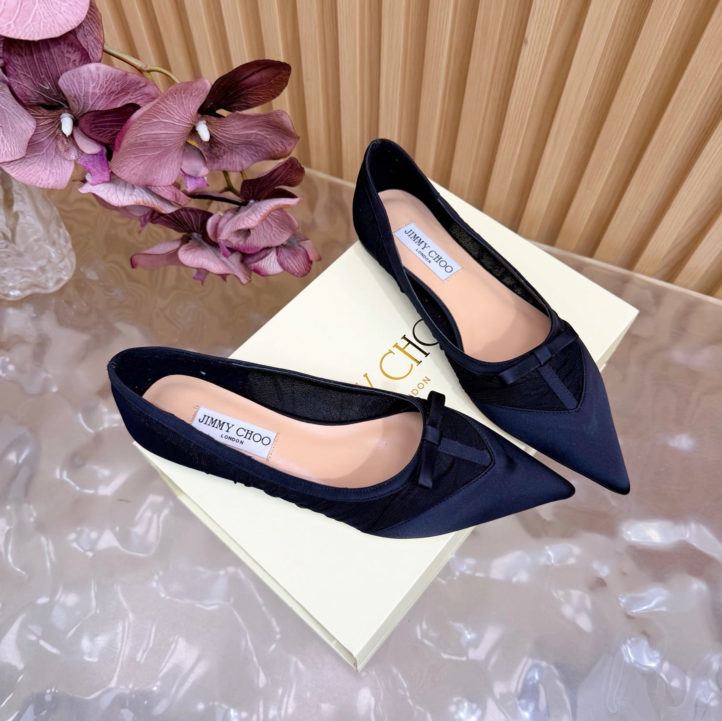 JIMMY CHOO 26S FLATS IN BLACK MESH AND SATIN